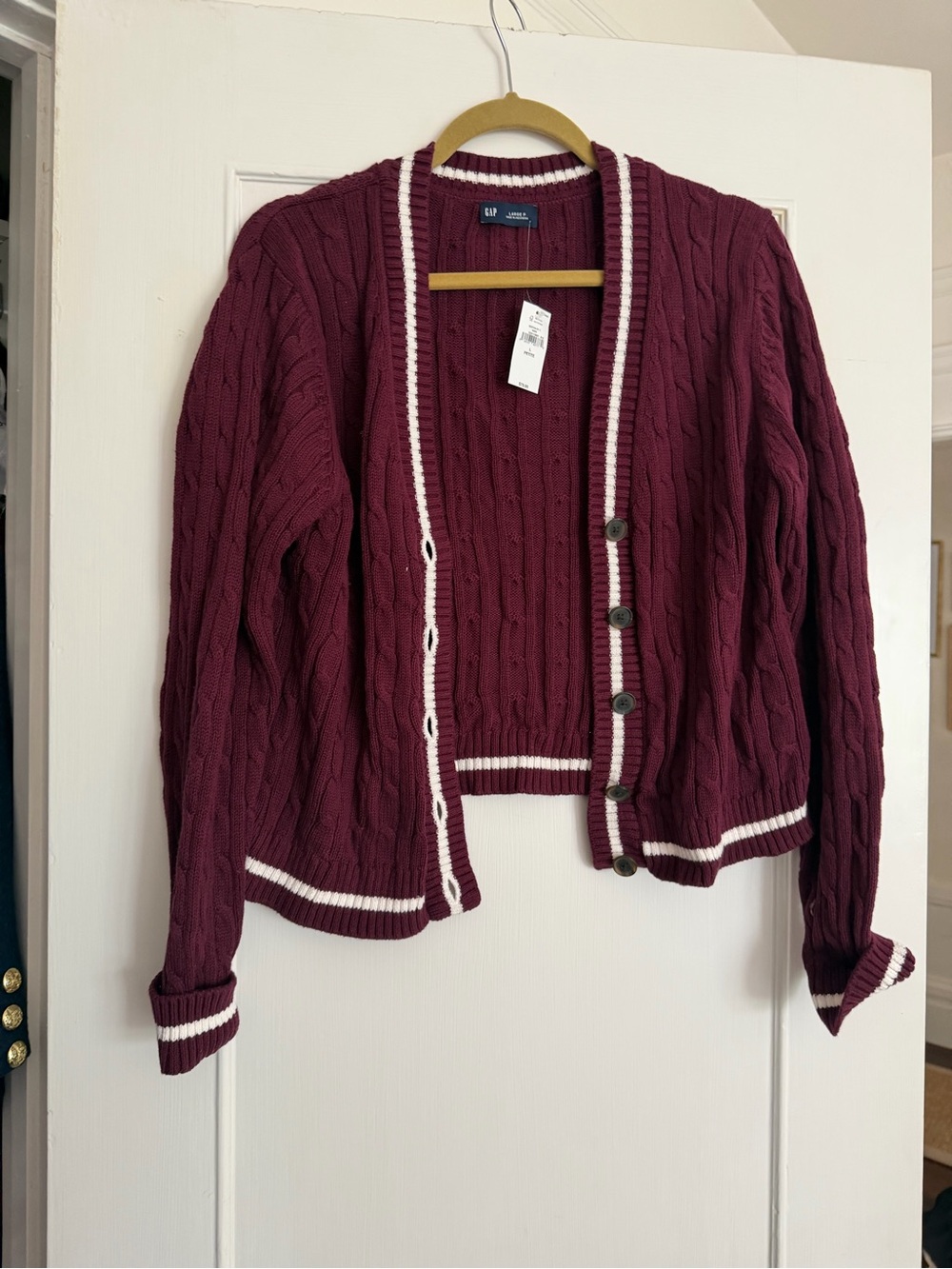 GAP Burgundy Cable Knit Cardigan with White Trim